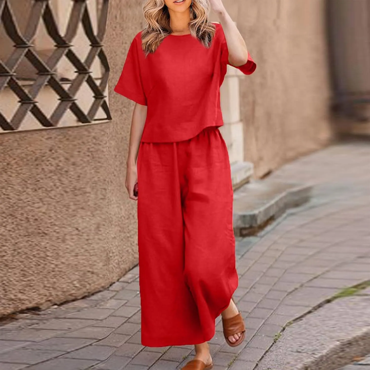 2 Piece Outfits for Women Casual Summer Cotton Linen Sets Short Sleeve Round Neck Tops Wide Leg Pants Tracksuits