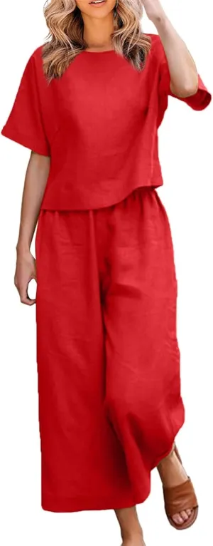 2 Piece Outfits for Women Casual Summer Cotton Linen Sets Short Sleeve Round Neck Tops Wide Leg Pants Tracksuits