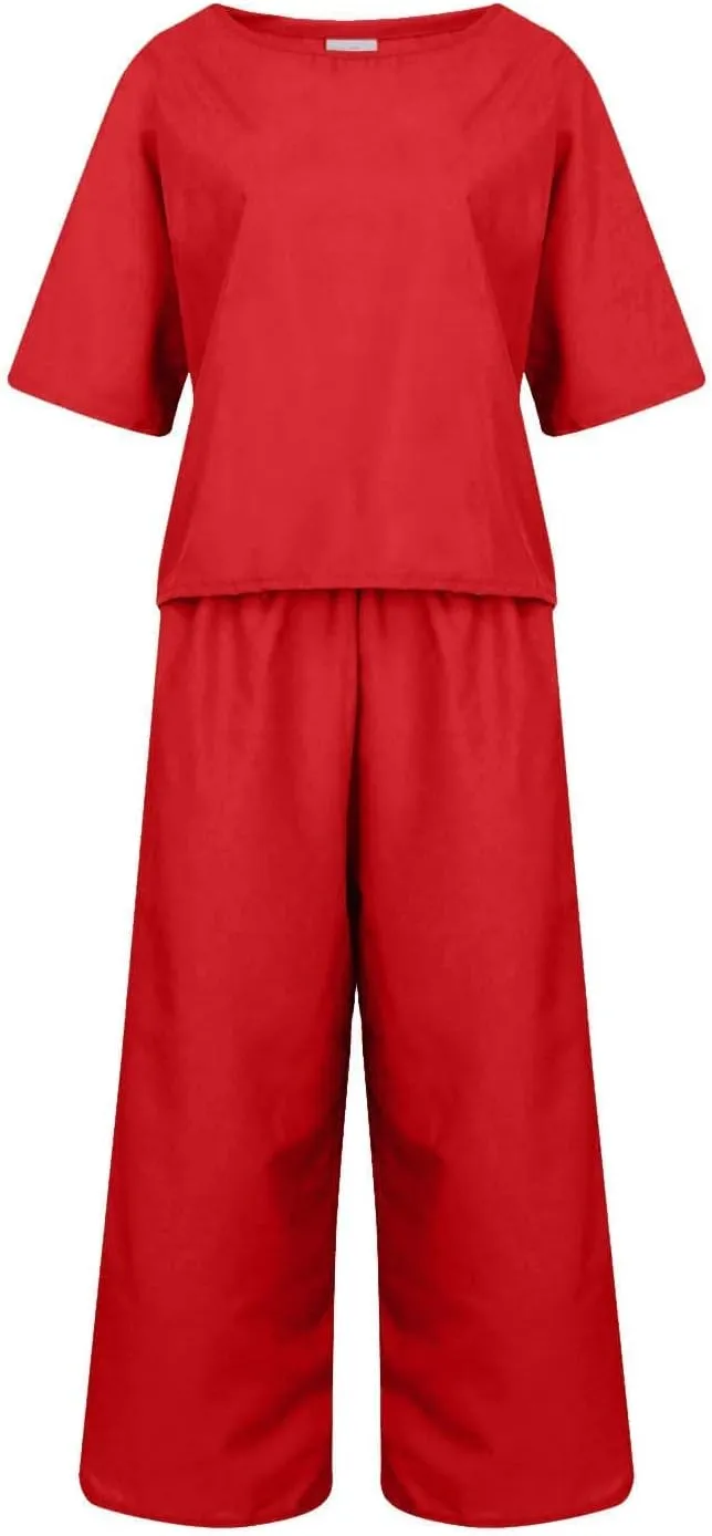 2 Piece Outfits for Women Casual Summer Cotton Linen Sets Short Sleeve Round Neck Tops Wide Leg Pants Tracksuits