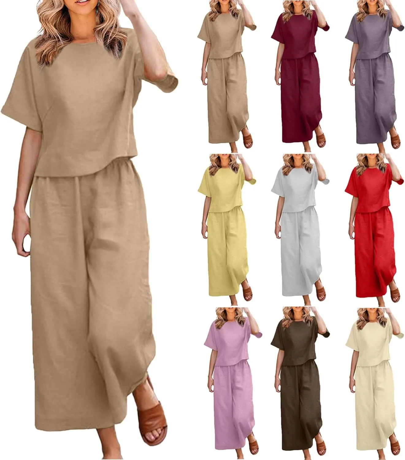 2 Piece Outfits for Women Casual Summer Cotton Linen Sets Short Sleeve Round Neck Tops Wide Leg Pants Tracksuits