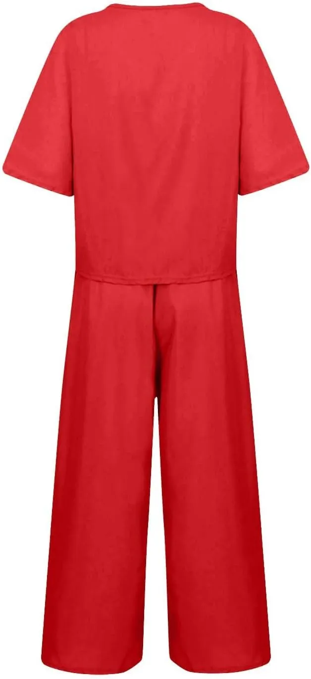 2 Piece Outfits for Women Casual Summer Cotton Linen Sets Short Sleeve Round Neck Tops Wide Leg Pants Tracksuits