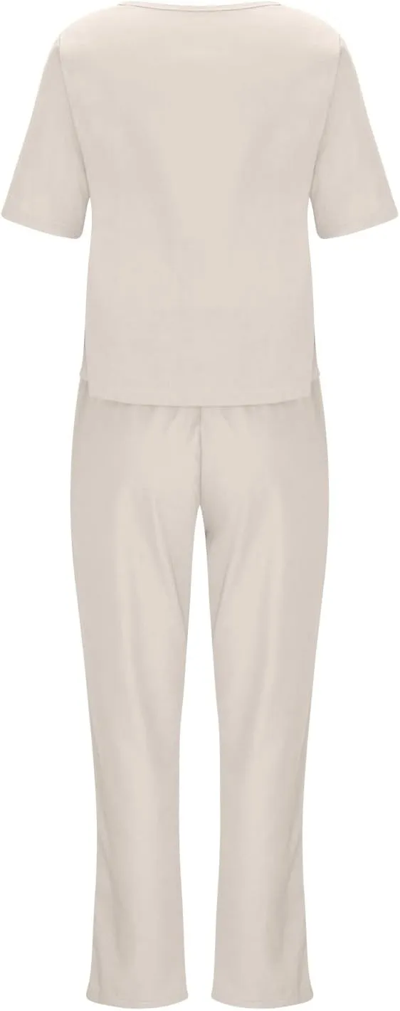 2 Piece Outfits for Women Summer Cotton Linen Casual Matching Set Short Sleeve T Shirts and Capri Pants with Pockets