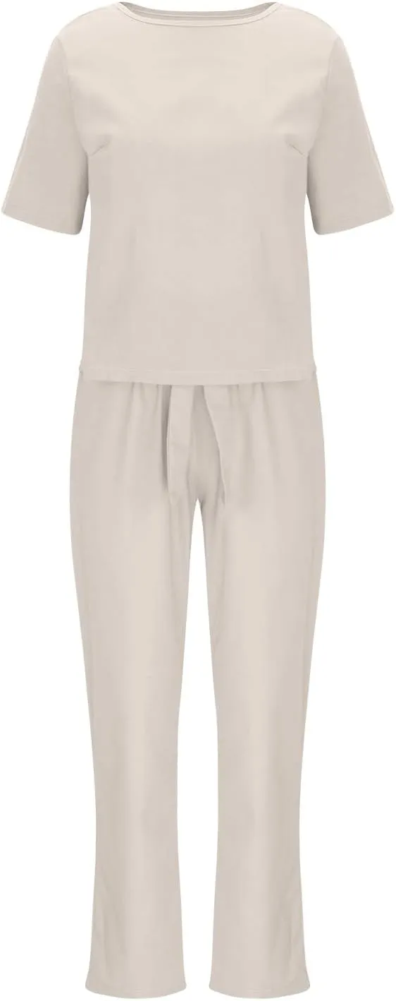 2 Piece Outfits for Women Summer Cotton Linen Casual Matching Set Short Sleeve T Shirts and Capri Pants with Pockets