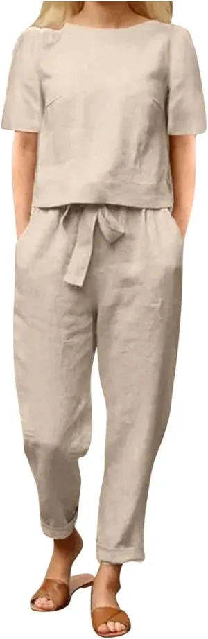 2 Piece Outfits for Women Summer Cotton Linen Casual Matching Set Short Sleeve T Shirts and Capri Pants with Pockets