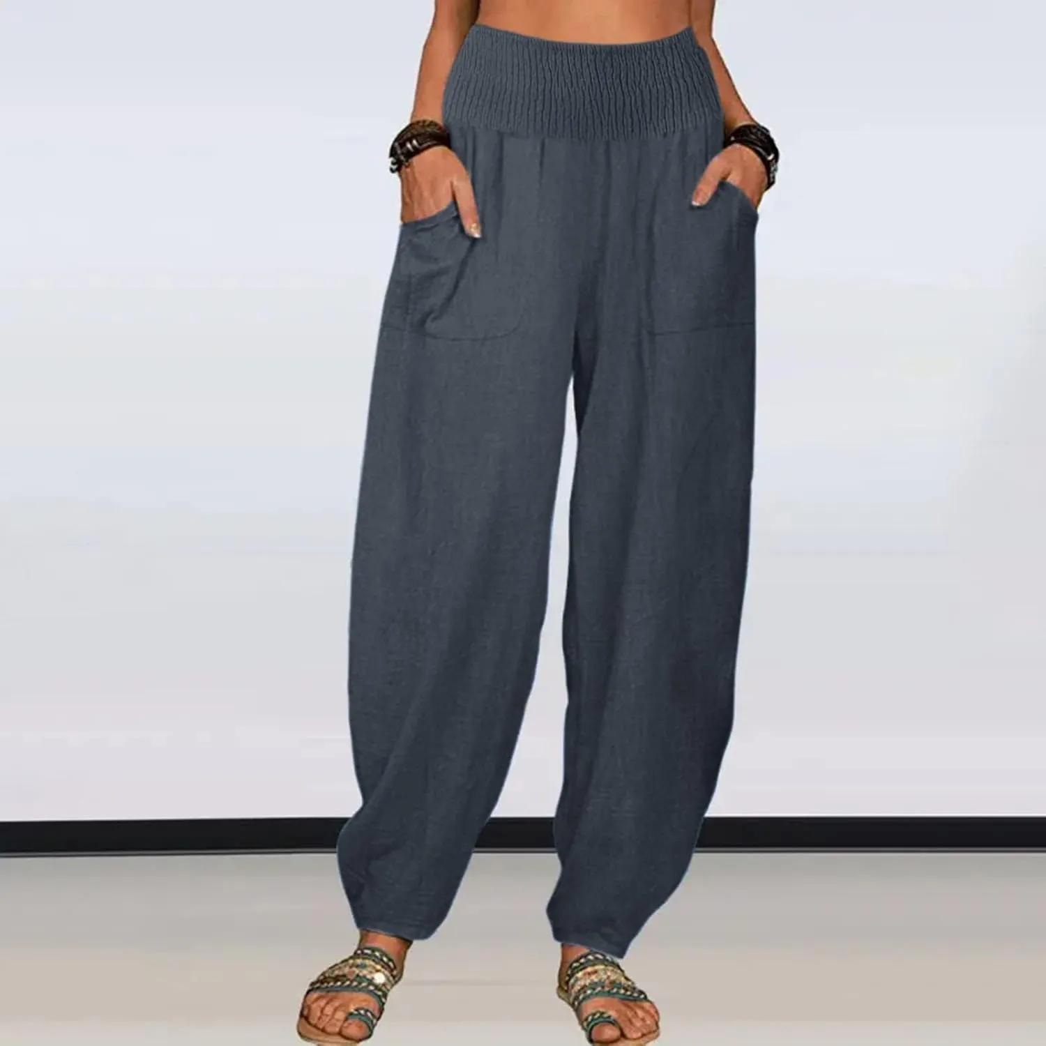 2024 Women Yoga Harem Pants Cotton Linen High Waist Elastic Ankle Pants Solid Casual Flowy Loose Sweatpants Trousers Pockets