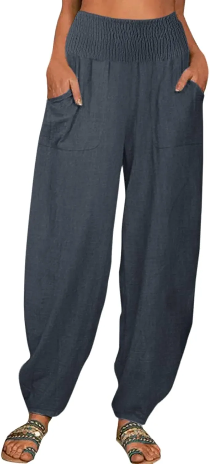 2024 Women Yoga Harem Pants Cotton Linen High Waist Elastic Ankle Pants Solid Casual Flowy Loose Sweatpants Trousers Pockets