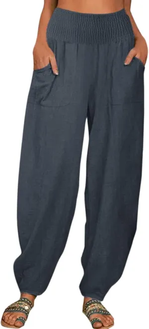 2024 Women Yoga Harem Pants Cotton Linen High Waist Elastic Ankle Pants Solid Casual Flowy Loose Sweatpants Trousers Pockets