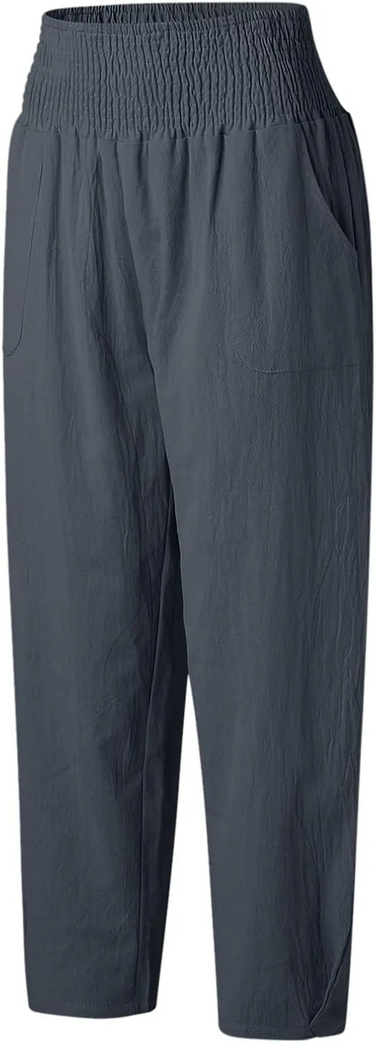 2024 Women Yoga Harem Pants Cotton Linen High Waist Elastic Ankle Pants Solid Casual Flowy Loose Sweatpants Trousers Pockets