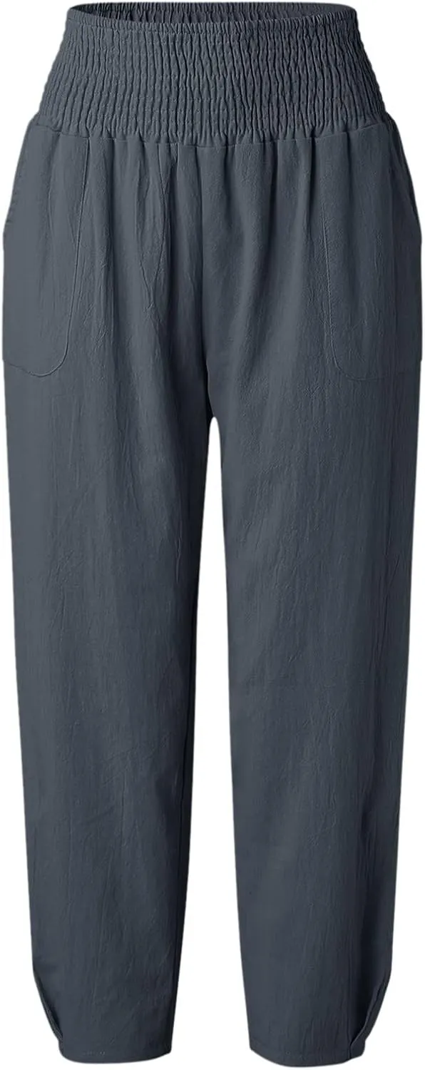 2024 Women Yoga Harem Pants Cotton Linen High Waist Elastic Ankle Pants Solid Casual Flowy Loose Sweatpants Trousers Pockets