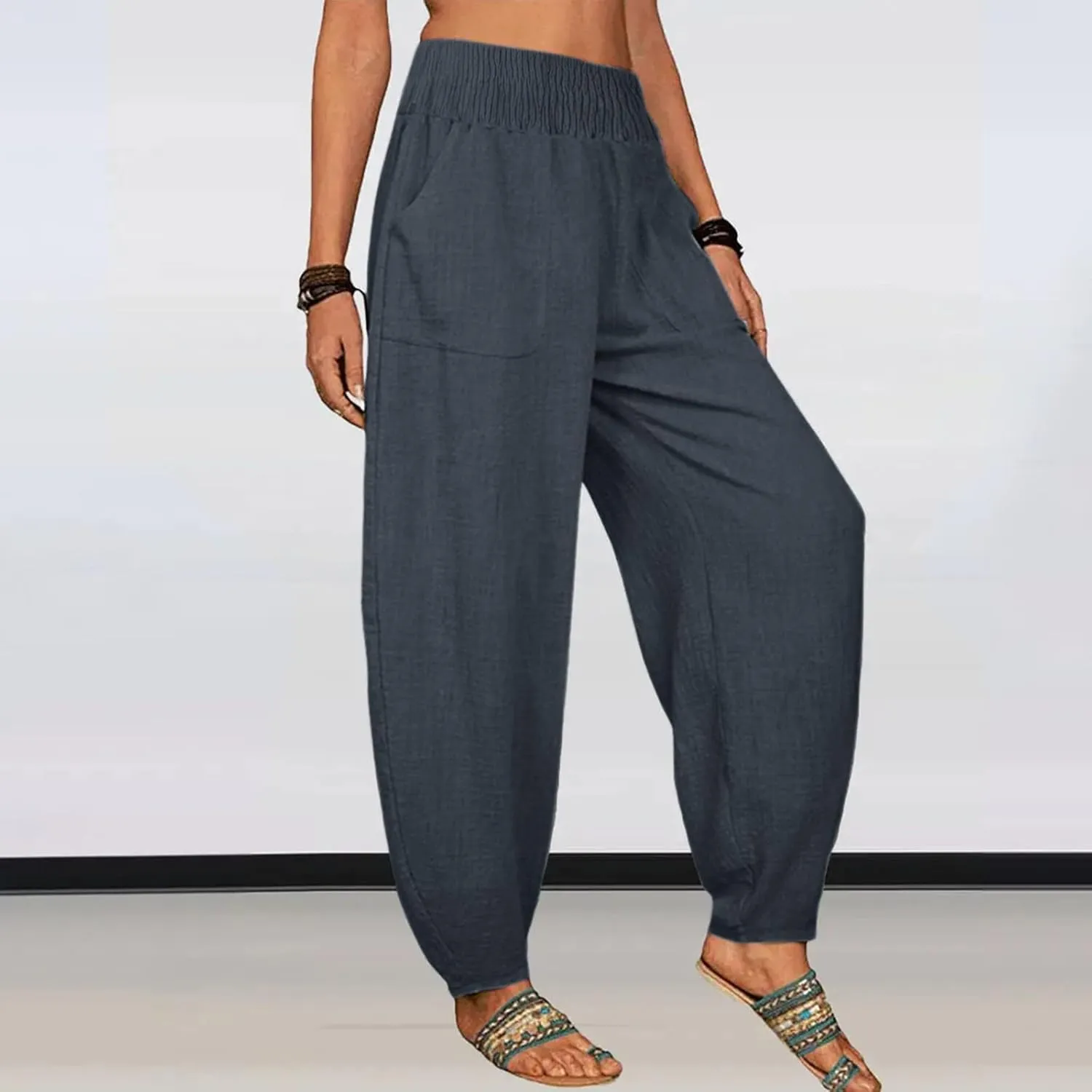 2024 Women Yoga Harem Pants Cotton Linen High Waist Elastic Ankle Pants Solid Casual Flowy Loose Sweatpants Trousers Pockets
