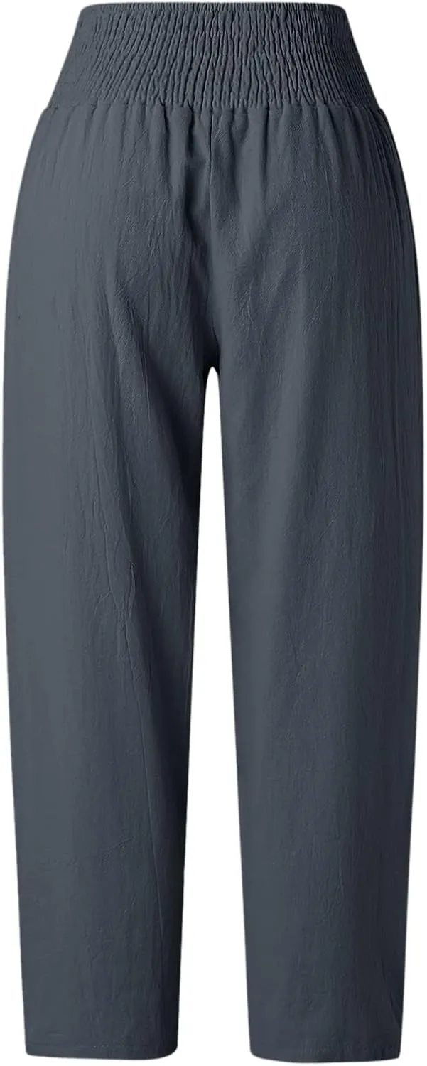 2024 Women Yoga Harem Pants Cotton Linen High Waist Elastic Ankle Pants Solid Casual Flowy Loose Sweatpants Trousers Pockets