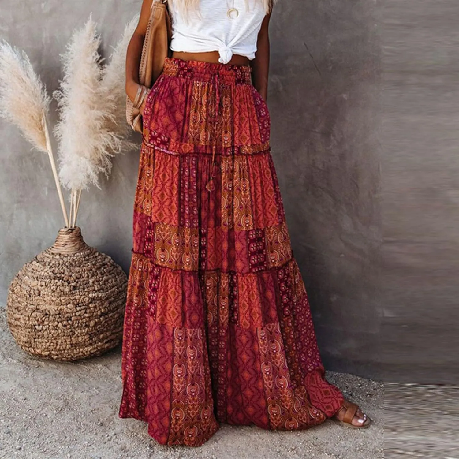 ADHOWBEW Boho Skirts for Women Floral Print African Cotton High Waist Smocked Sexy Beach Skirts