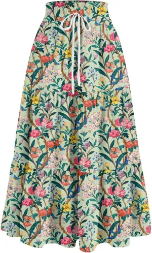 ADHOWBEW Boho Skirts for Women Flowy Cute Ruffle Midi Length Plus Size Beach A Line Casual High Waisted Trendy Spring Skirts