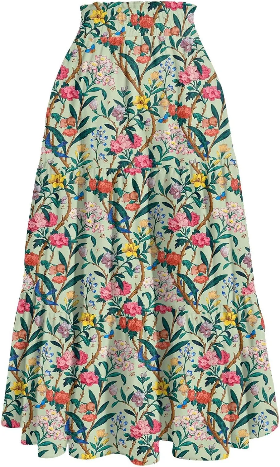 ADHOWBEW Boho Skirts for Women Flowy Cute Ruffle Midi Length Plus Size Beach A Line Casual High Waisted Trendy Spring Skirts