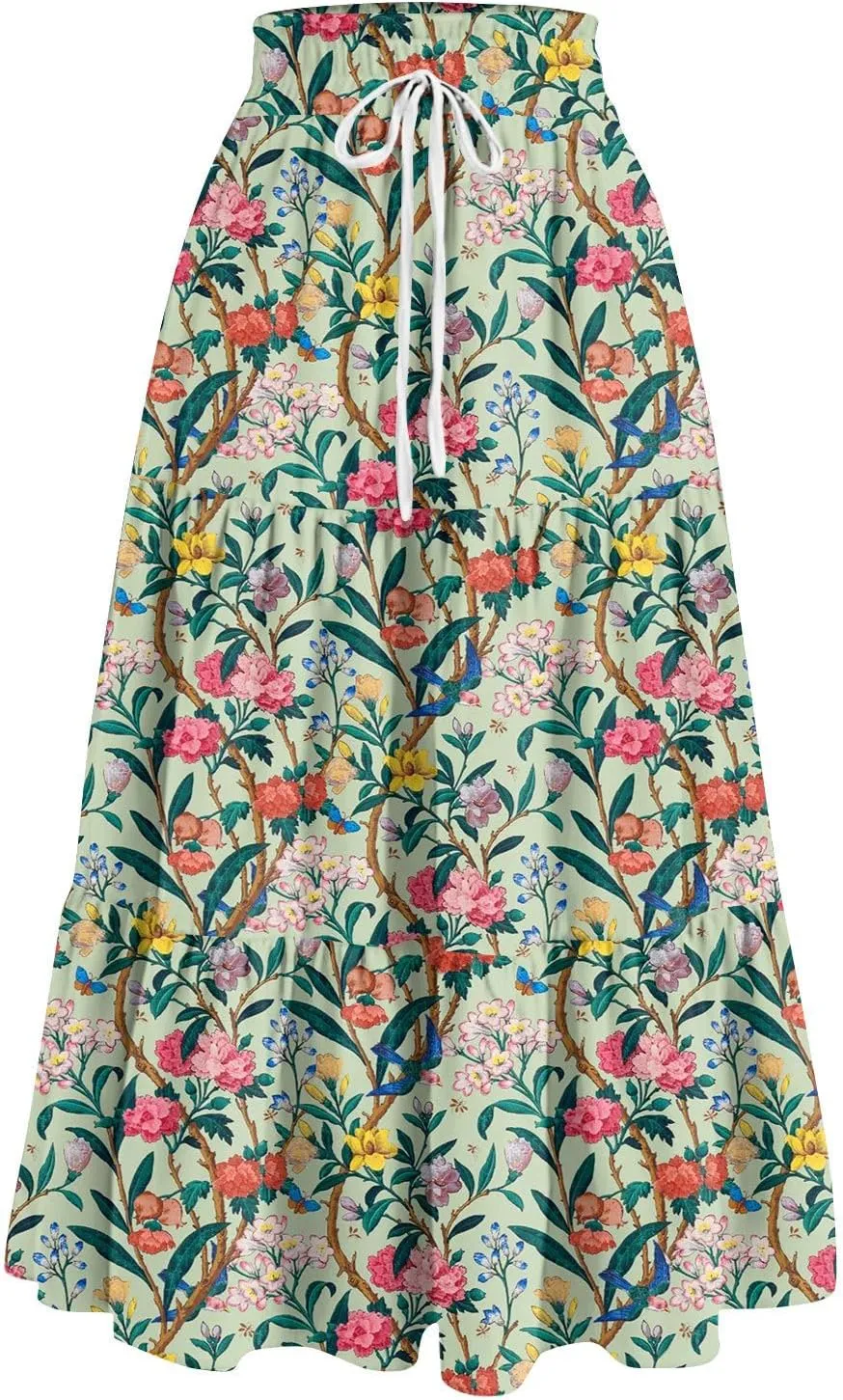 ADHOWBEW Boho Skirts for Women Flowy Cute Ruffle Midi Length Plus Size Beach A Line Casual High Waisted Trendy Spring Skirts