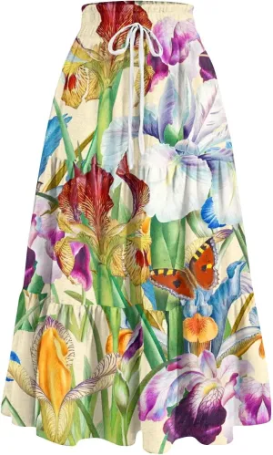 ADHOWBEW Boho Skirts for Women Flowy Trendy Beach Midi Length Plus Size Ruffle A Line Casual Cute High Waisted Spring Skirts
