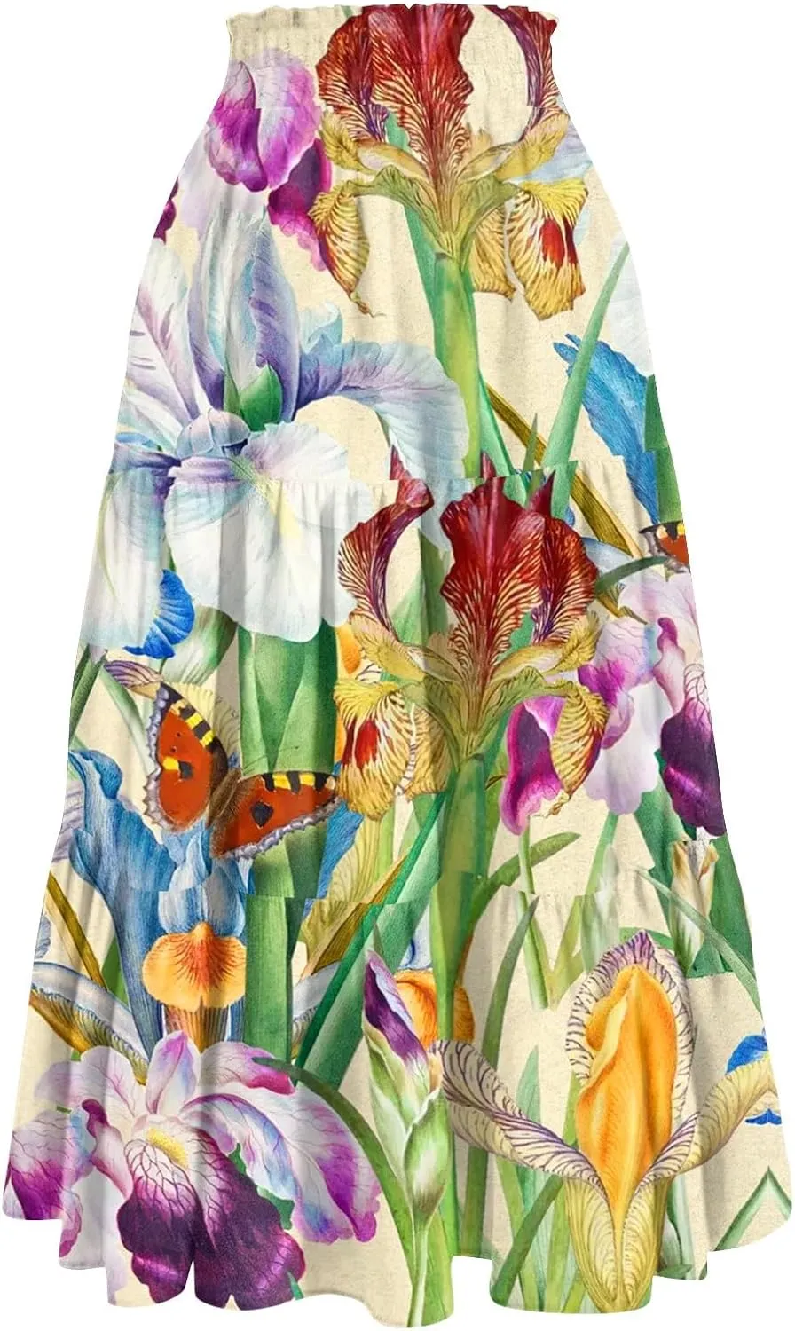 ADHOWBEW Boho Skirts for Women Flowy Trendy Beach Midi Length Plus Size Ruffle A Line Casual Cute High Waisted Spring Skirts