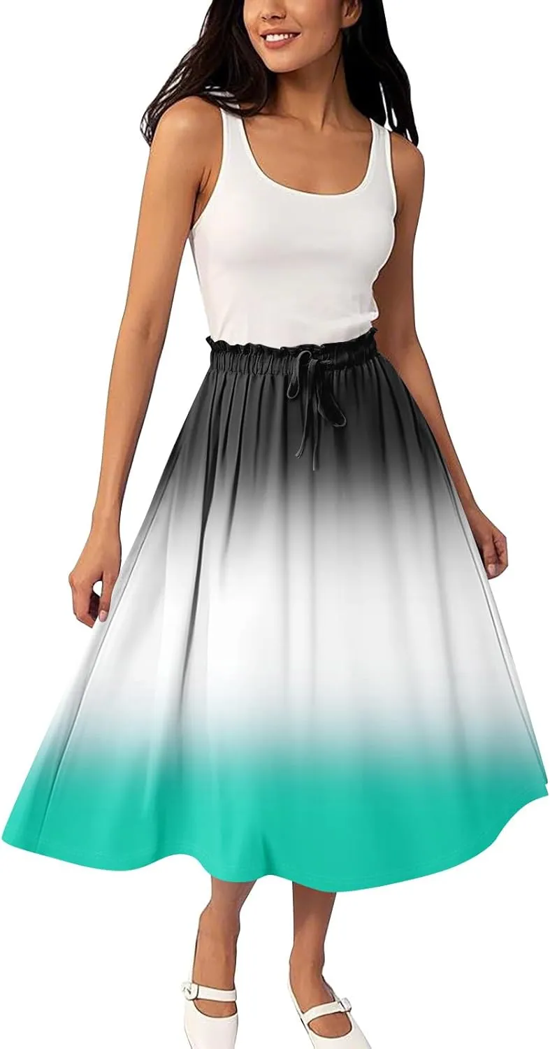 ADHOWBEW Long Skirts for Women A Line Midi Length Ruffle Plus Size Trendy High Waisted Cute Casual Flowy Beach Spring Skirts