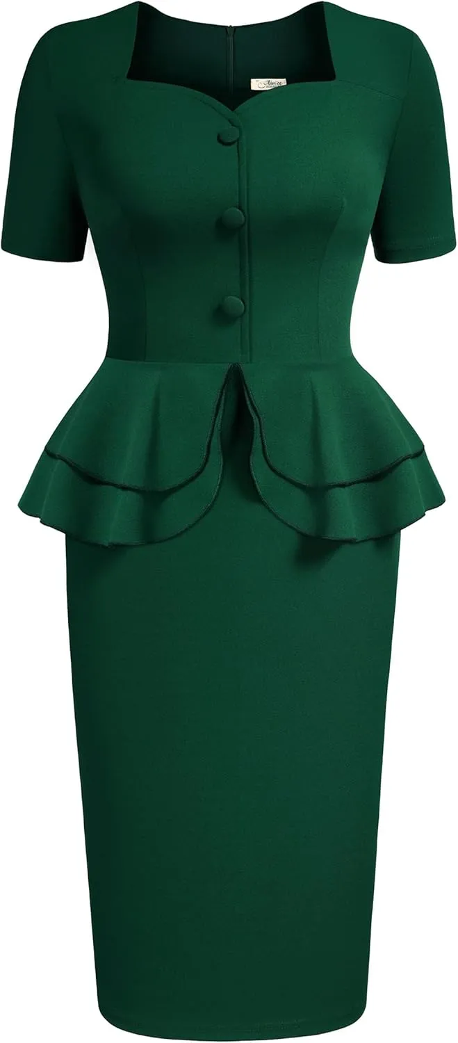 AISIZE Women's 1940s Vintage Square Peplum Bodycon Cocktail Dress