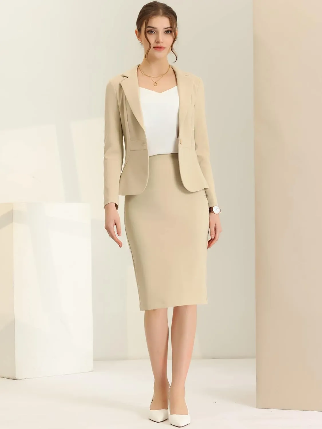 Allegra K Women's 2 Piece Suit Skirt Set Business Casual Long Sleeve Blazer and Pencil Skirt