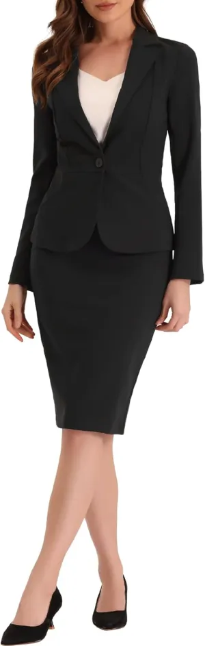 Allegra K Women's 2 Piece Suit Skirt Set Business Casual Long Sleeve Blazer and Pencil Skirt