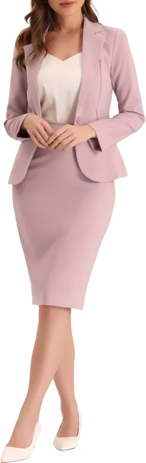 Allegra K Women's 2 Piece Suit Skirt Set Business Casual Long Sleeve Blazer and Pencil Skirt