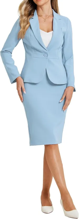 Allegra K Women's 2 Piece Suit Skirt Set Business Casual Long Sleeve Blazer and Pencil Skirt