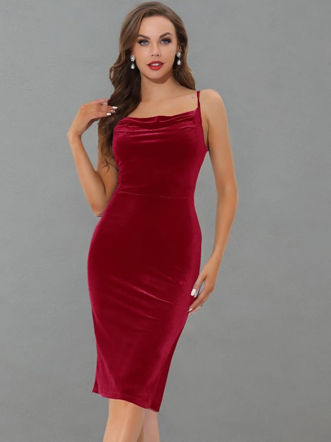 Allegra K Women's Sleeveless Spaghetti Strap Cowl Neck Party Slit Cocktail Midi Velvet Dress