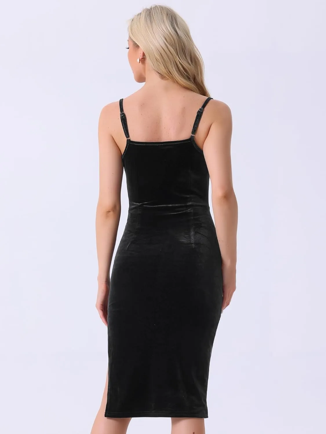 Allegra K Women's Sleeveless Spaghetti Strap Cowl Neck Party Slit Cocktail Midi Velvet Dress