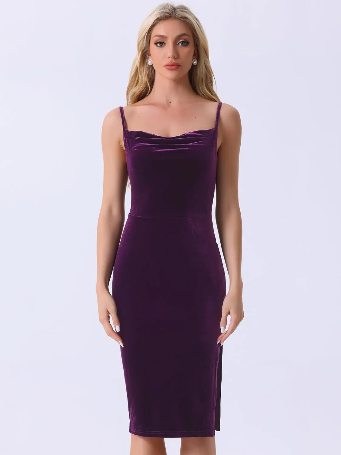 Allegra K Women's Sleeveless Spaghetti Strap Cowl Neck Party Slit Cocktail Midi Velvet Dress