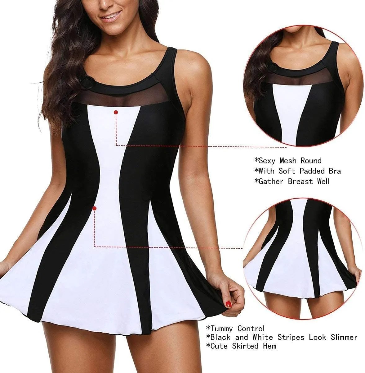 American Trends Bathing Suit for Women Tummy Control Swim Dress One Piece Swimsuits Mesh Swimming Suit Skirt Swimwear