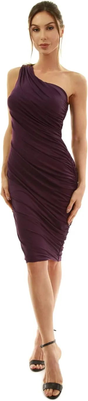 AmlieBoutik Women Sexy One Shoulder Sleeveless Bodycon Ruched Party Wedding Cocktail Dress