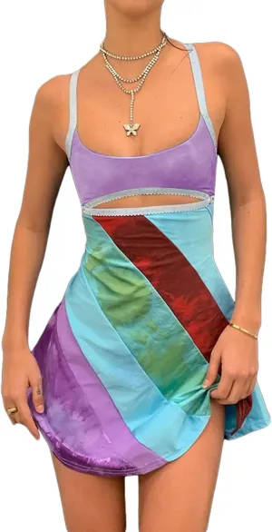 Aopwsrlyi Women's Spaghetti Strap Mini Dress Sexy Sleeveless Backless Colorful Print Summer Going Out Club Party Dress