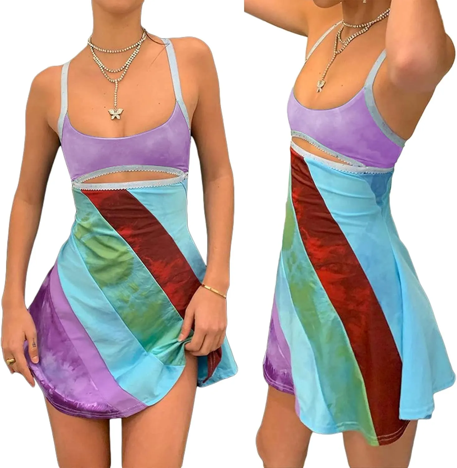 Aopwsrlyi Women's Spaghetti Strap Mini Dress Sexy Sleeveless Backless Colorful Print Summer Going Out Club Party Dress