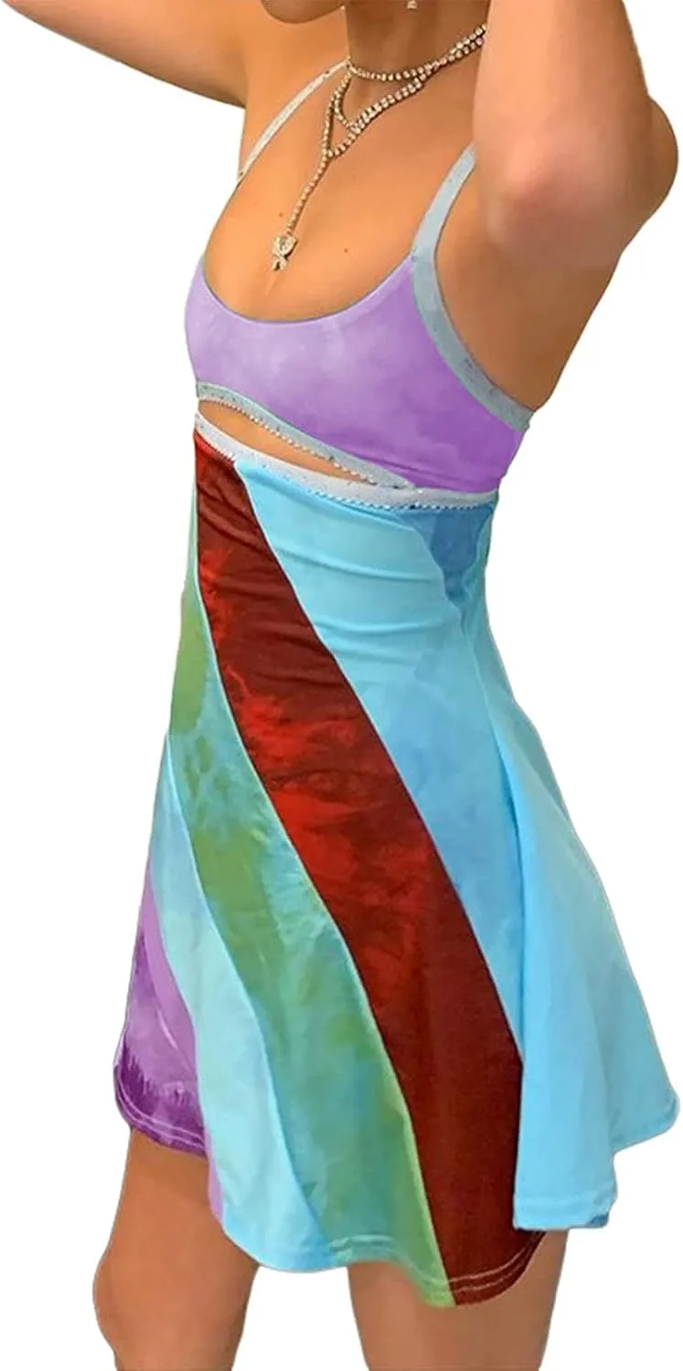 Aopwsrlyi Women's Spaghetti Strap Mini Dress Sexy Sleeveless Backless Colorful Print Summer Going Out Club Party Dress