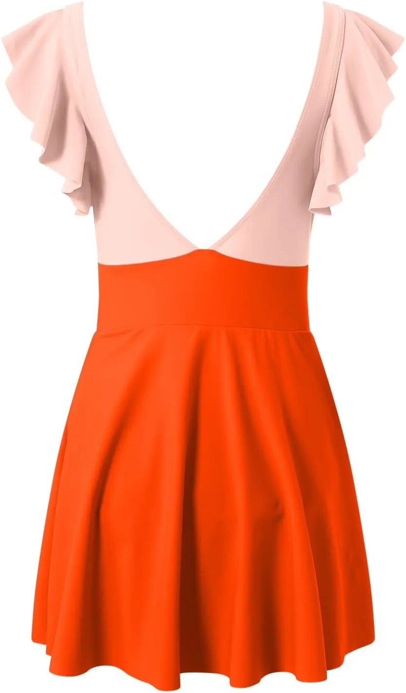 Bathing Suit for Women One Piece Tummy Control Ruffle Sleeve Swimwear Sexy Cutout Ruched Swimsuit Backless Swim Dress