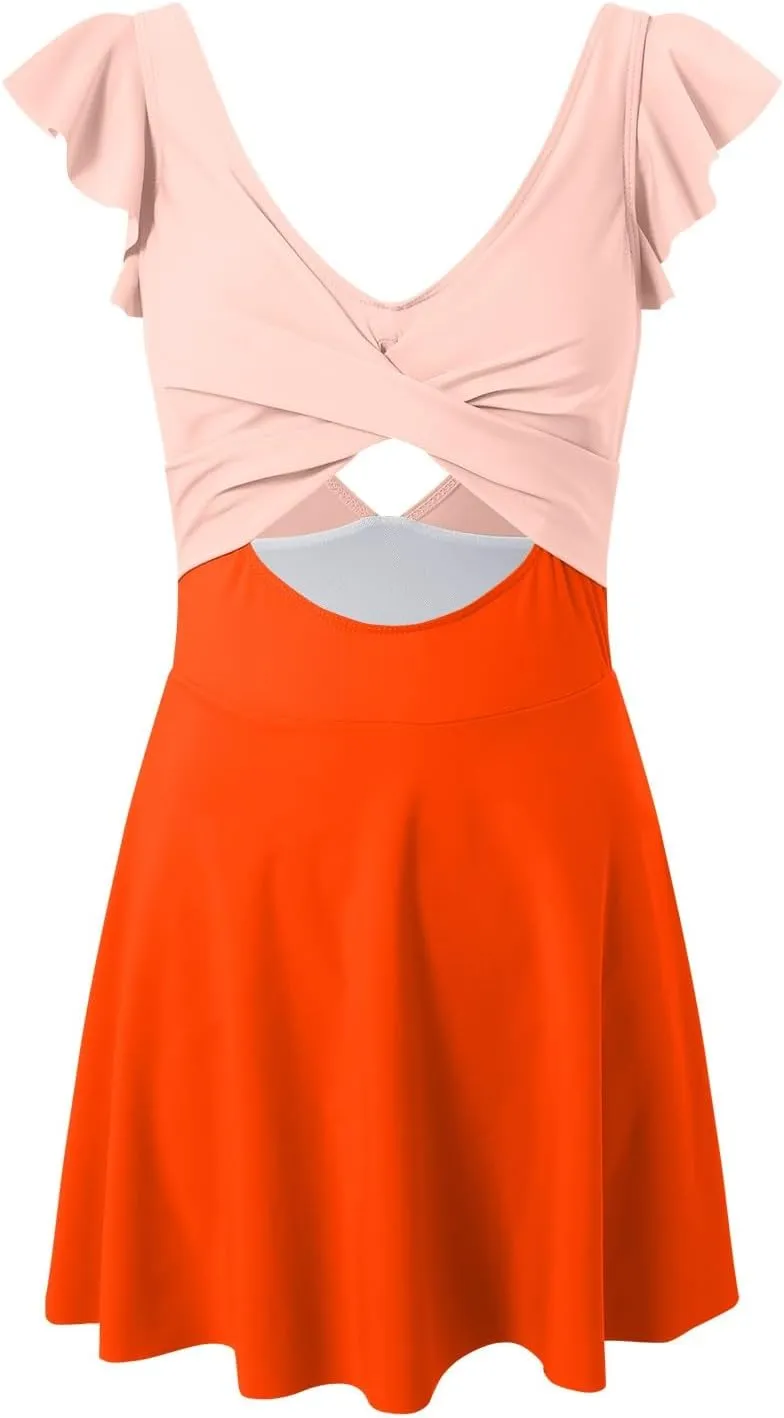 Bathing Suit for Women One Piece Tummy Control Ruffle Sleeve Swimwear Sexy Cutout Ruched Swimsuit Backless Swim Dress