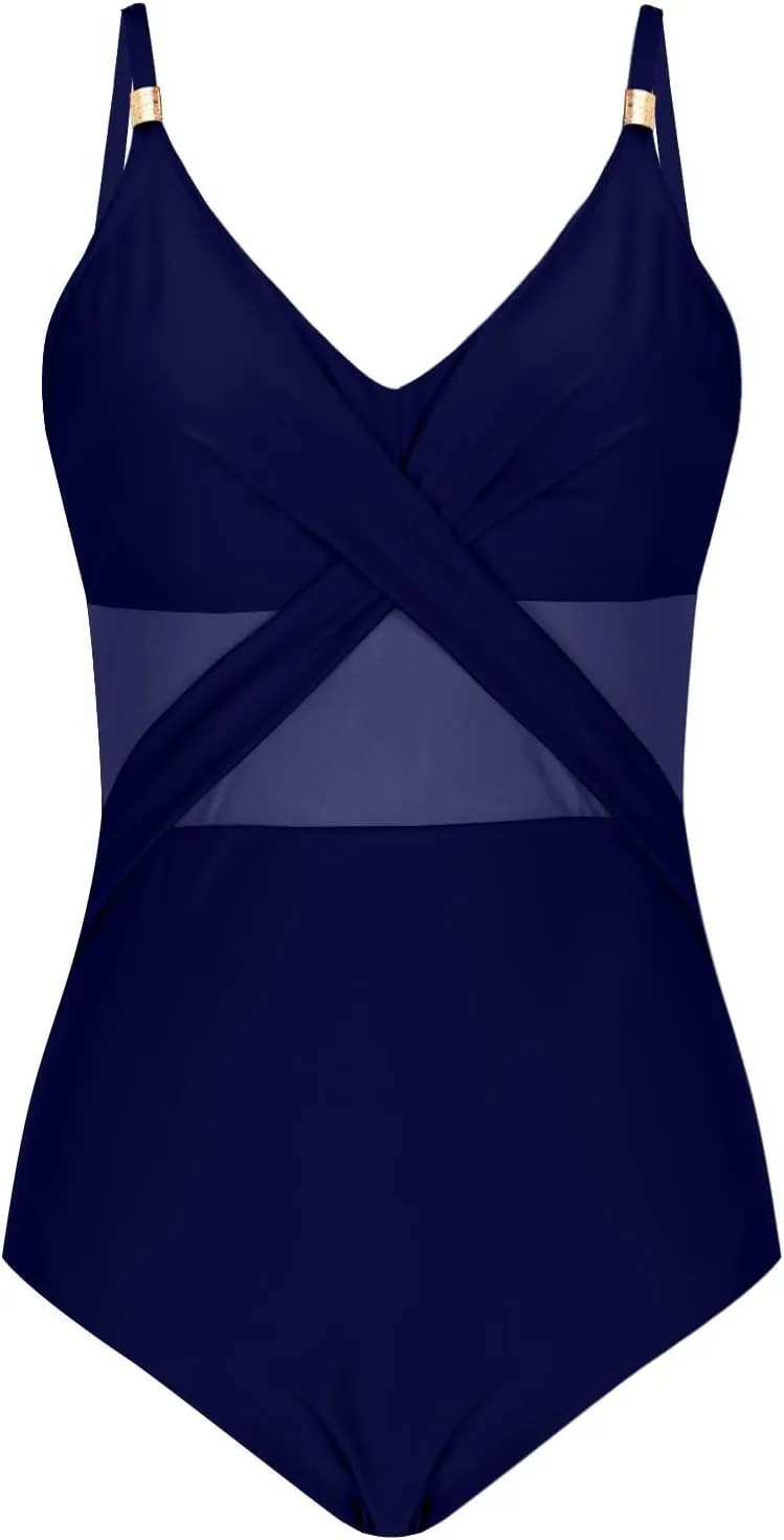 Bathing Suits for Women Tummy Control One Piece Swimsuits Criss Cross Mesh Modest Swimwear Push Up Swim Suits 2025