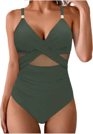 Bathing Suits for Women Tummy Control One Piece Swimsuits Criss Cross Mesh Modest Swimwear Push Up Swim Suits 2025