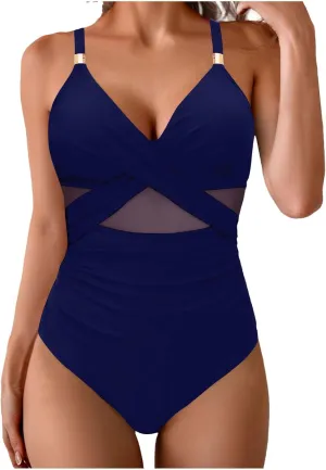 Bathing Suits for Women Tummy Control One Piece Swimsuits Criss Cross Mesh Modest Swimwear Push Up Swim Suits 2025