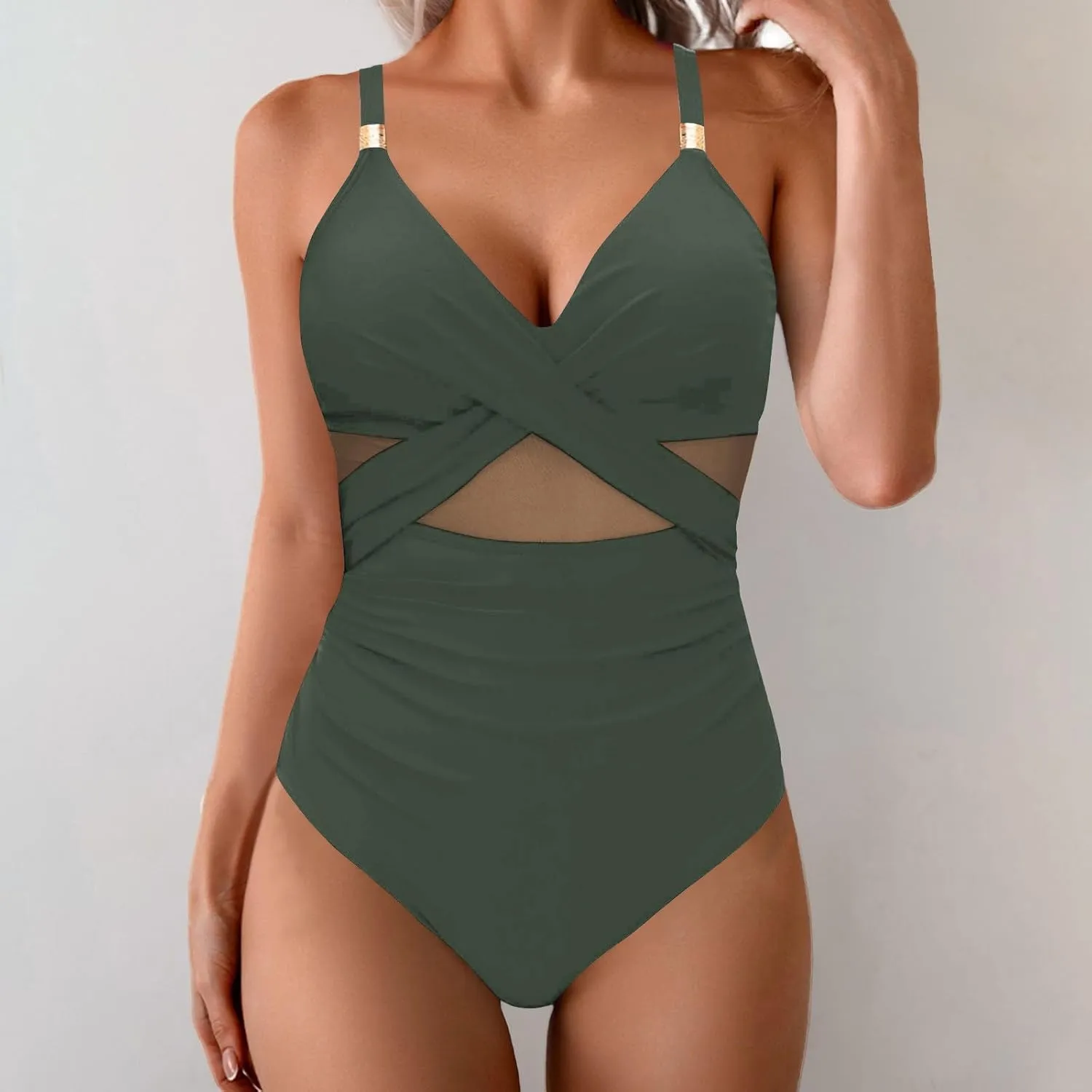Bathing Suits for Women Tummy Control One Piece Swimsuits Criss Cross Mesh Modest Swimwear Push Up Swim Suits 2025