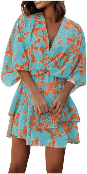 Beach Dresses for Women,2023 Summer Casual Trendy Loose Batwing Sleeve Mini Dress,Floral Flowy Hem Boho Dress