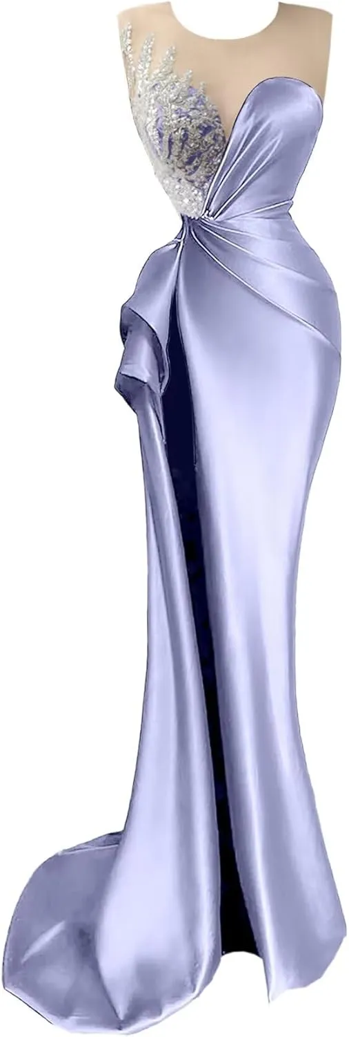 Beaded Prom Dresses for Women Deep V-Neck Mermaid Formal Dress with Slit Sexy Evening Gowns DR0344