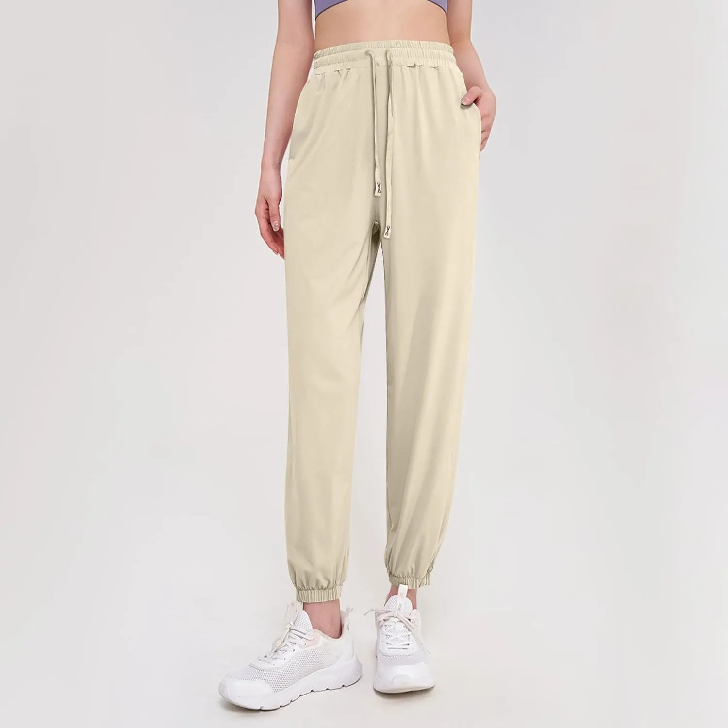 Beeswan Pants for Women Casual Loose Stretchy Work Pants Jogging Elastic Summer Solid Outfit Ankle-Length with Pockets