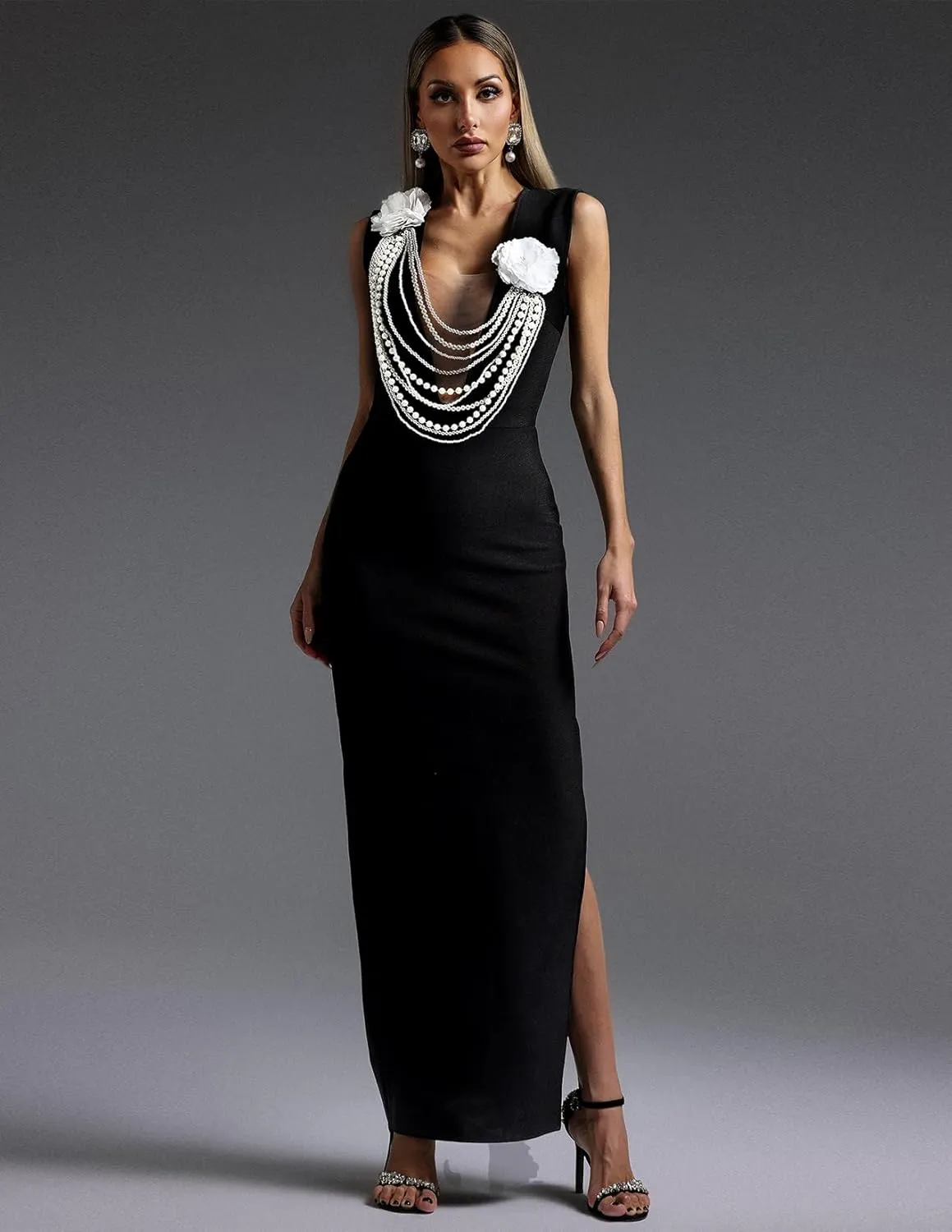 BELLA BARNETT Glamorous Black Deep V Neck Sleeveless Slit Bandage Cocktail Dress