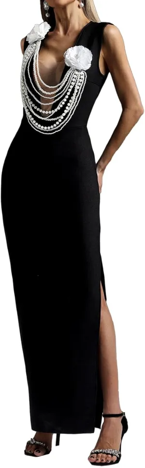 BELLA BARNETT Glamorous Black Deep V Neck Sleeveless Slit Bandage Cocktail Dress
