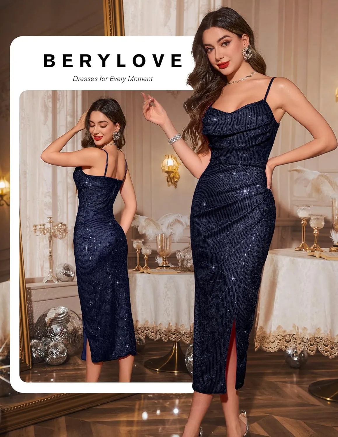 BeryLove Sequin Prom Wedding Guest Cocktail Dress Spaghetti Strap Bodycon Dress