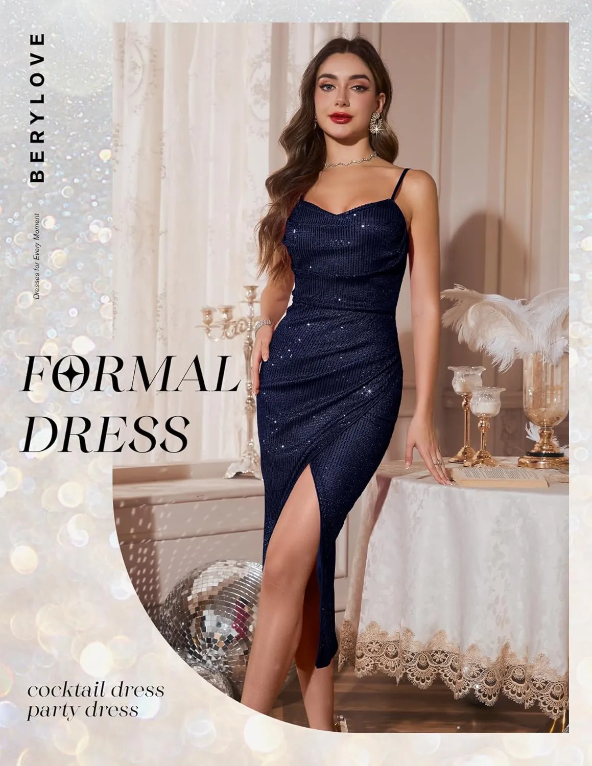 BeryLove Sequin Prom Wedding Guest Cocktail Dress Spaghetti Strap Bodycon Dress