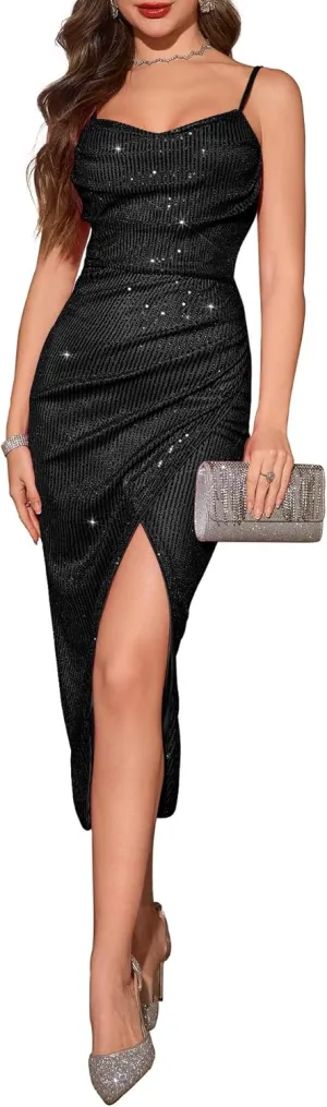 BeryLove Sequin Prom Wedding Guest Cocktail Dress Spaghetti Strap Bodycon Dress