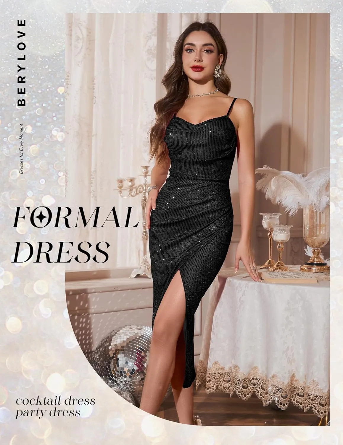 BeryLove Sequin Prom Wedding Guest Cocktail Dress Spaghetti Strap Bodycon Dress